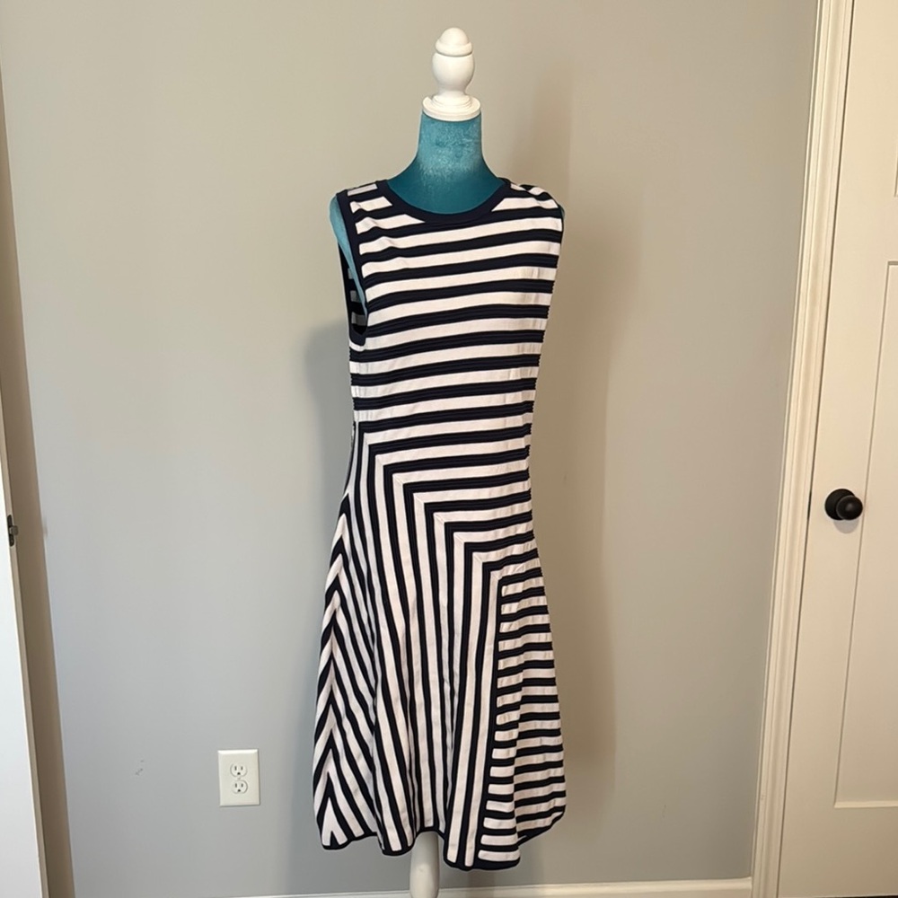 Michael Kors Navy and White Striped Midi A-Line Dress